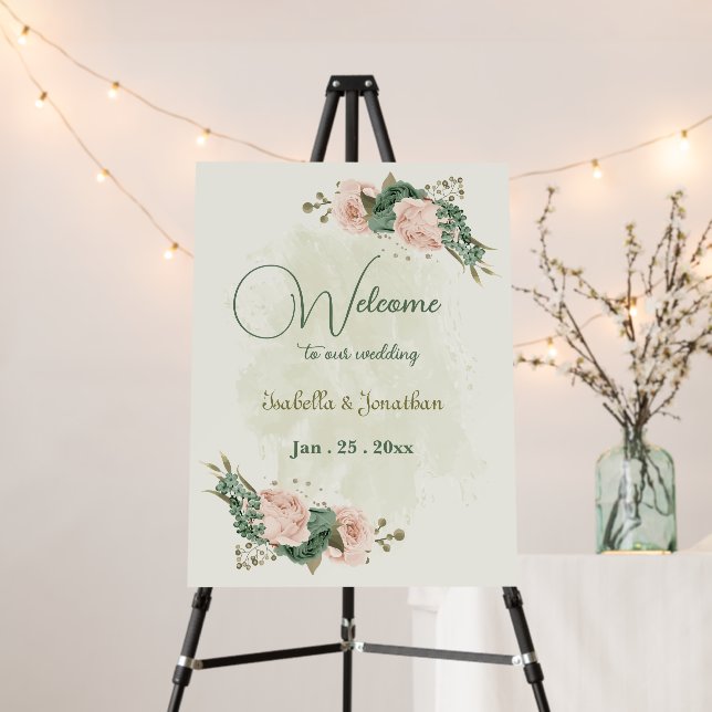 sage green blush pink flowers wedding welcome sign (In Situ (Stand))