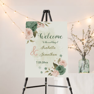 sage green blush pink flowers wedding welcome sign