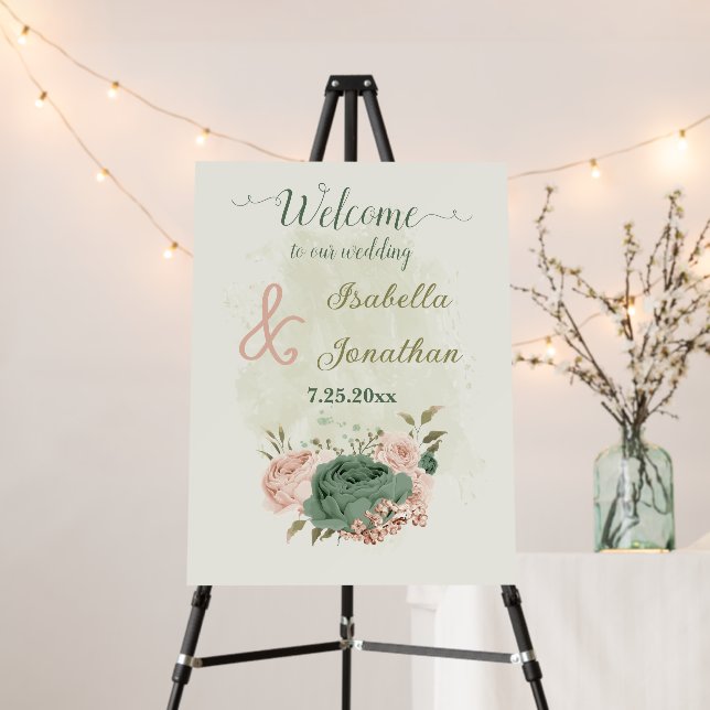 sage green blush pink flowers wedding welcome sign (In Situ (Stand))