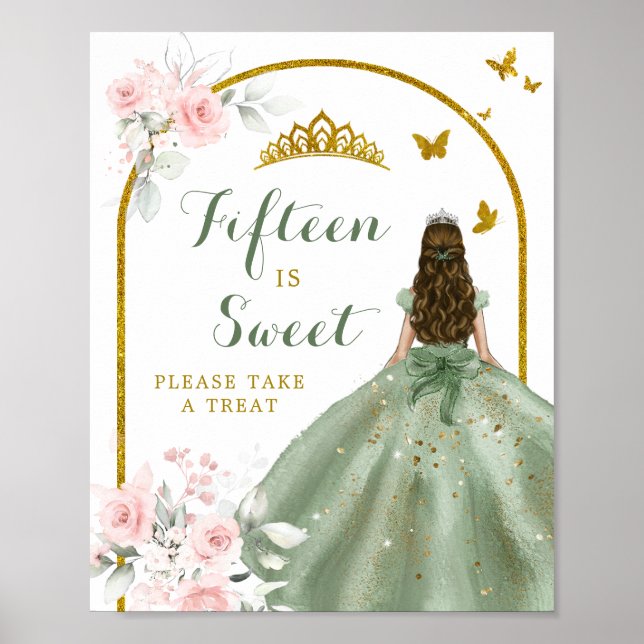 Sage Green Blush Pink Quinceañera Fifteen is Sweet Poster (Front)