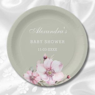 Sage Green Blush Pink Roses Baby Shower Paper Plates
