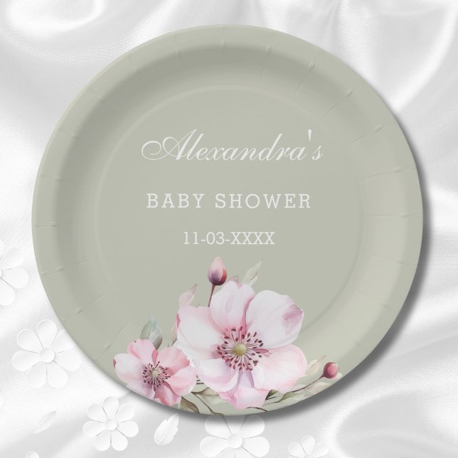 Sage Green Blush Pink Roses Baby Shower  Paper Plates (Creator Uploaded)