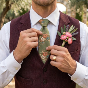 Sage Green Blush Rose Chintz Bouquet Pattern Neck Tie