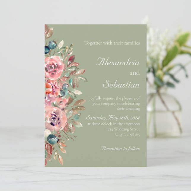 Sage Green Blush Watercolor Floral Foliage Wedding Invitation (Standing Front)