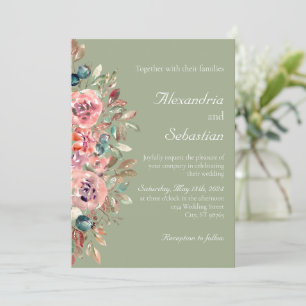 Sage Green Blush Watercolor Floral Foliage Wedding Invitation