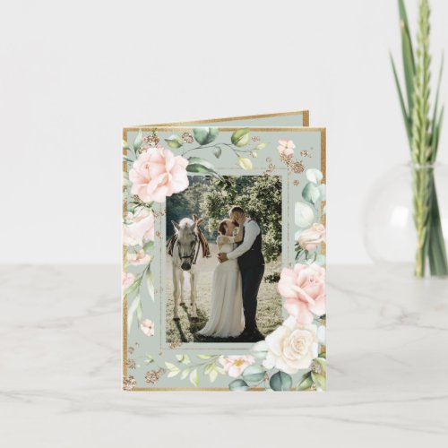 Sage Green Blush Watercolor Photo Floral Wedding Thank You Card