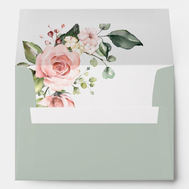 Sage Green Blush Watercolor  Romantic Floral Envelope (Back (Bottom))