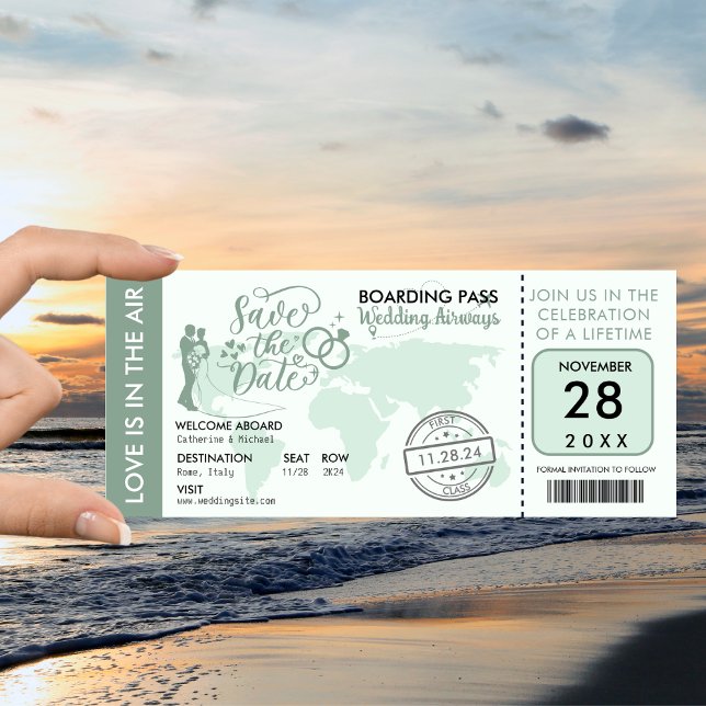 Sage Green Boarding Pass Destination Wedding  Save The Date (Creator Uploaded)