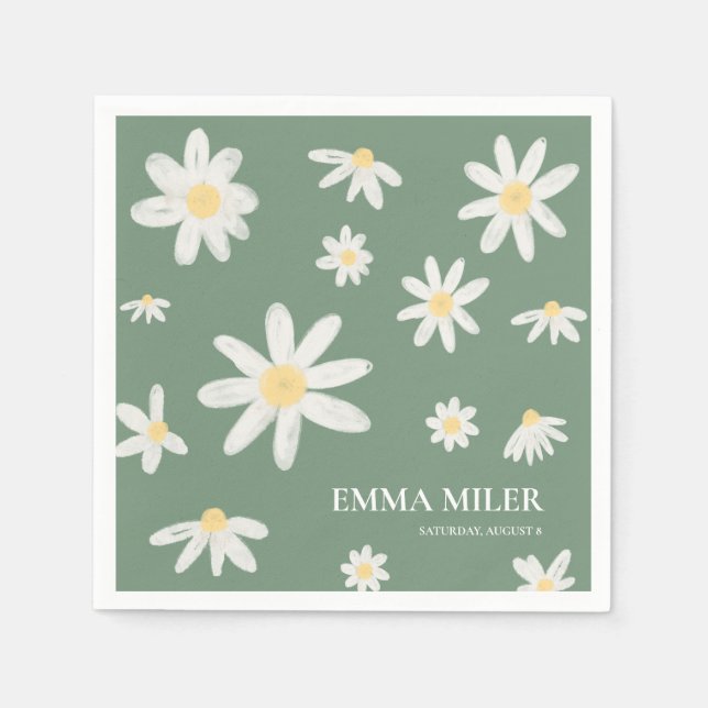 Sage Green Bohemian Daisy Flower Napkins (Front)
