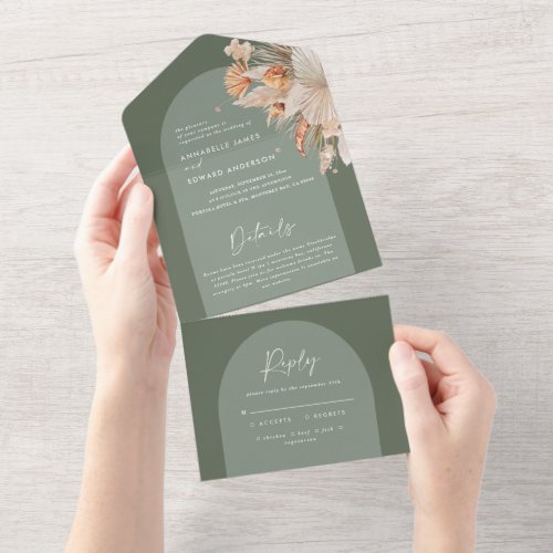 Sage Green bohemian pampas grass wedding All In One Invitation
