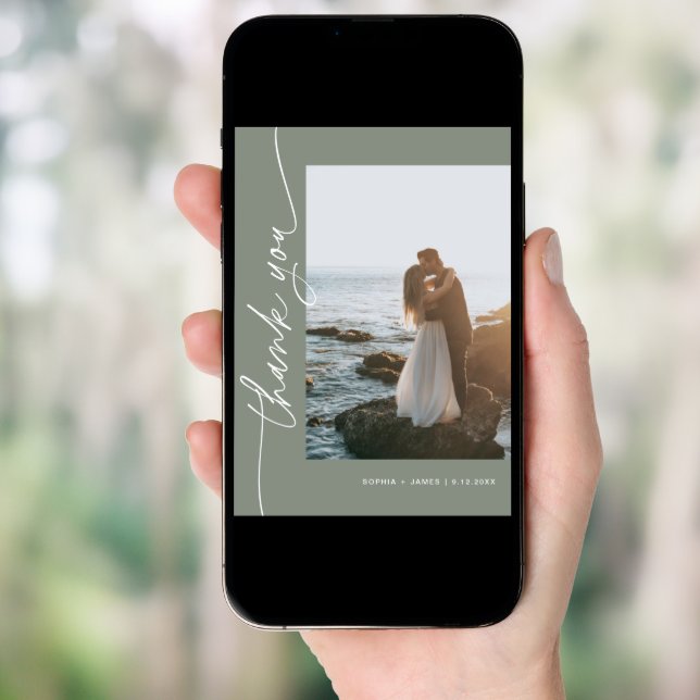 SAGE Green Bohemian Photo Wedding Thank You Card (Front Digital)