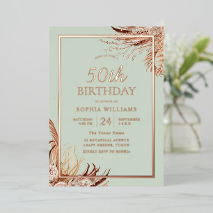 Sage Green Boho 50th Birthday Party Real Rose Gold Foil Invitation