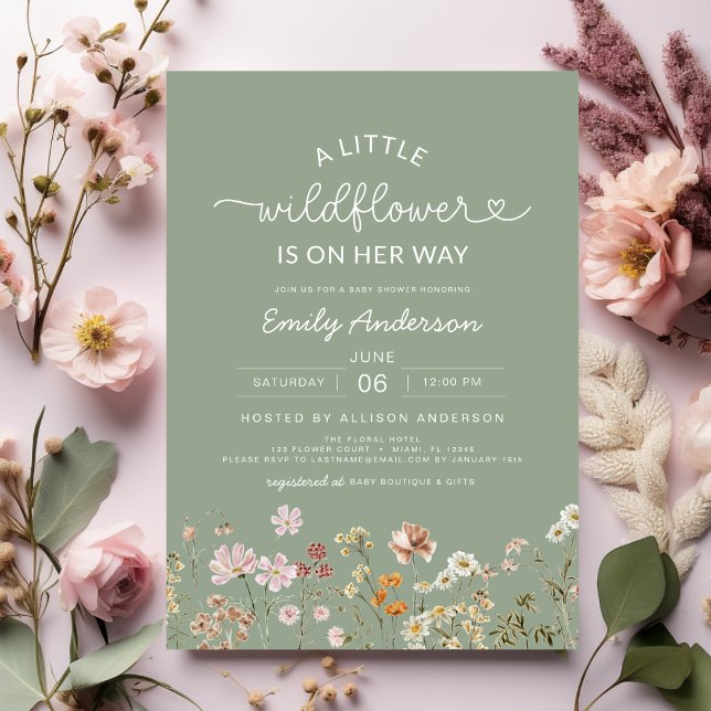 Sage Green Boho A Little Wildflower Baby Shower Invitation (Creator Uploaded)