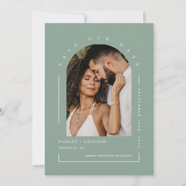 Sage Green Boho Arch Photo QR Code Save Our Date Invitation (Front)