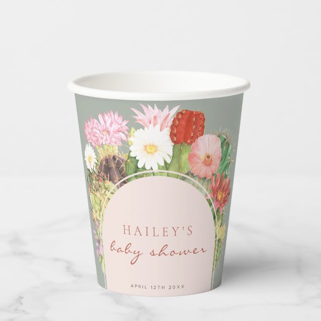 Sage Green Boho Bloom Cactus Baby Shower Paper Cups (Front)