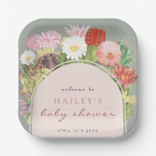 Sage Green Boho Bloom Cactus Baby Shower Paper Plates