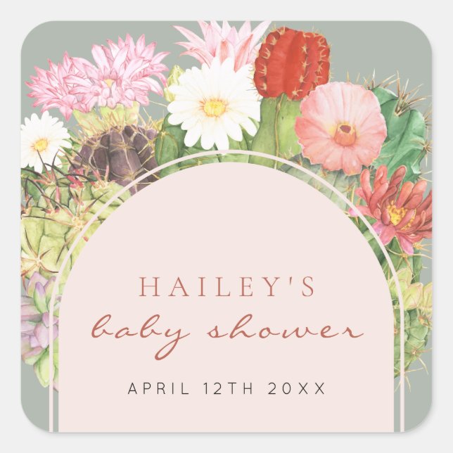 Sage Green Boho Bloom Cactus Baby Shower Square Sticker (Front)