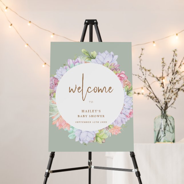 Sage Green Boho Cactus Baby Shower Welcome Sign (In Situ (Stand))