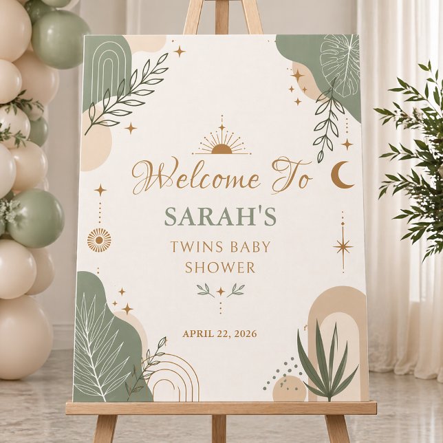 Sage Green Boho Celestial Twins Baby Shower Foam Board (Creator Uploaded)