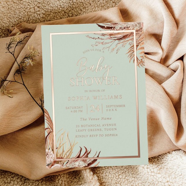 Sage Green Boho Chic Baby Shower Real Rose Gold Foil Invitation (Creator Uploaded)
