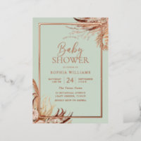 Sage Green Boho Chic Baby Shower Real Rose Gold Foil Invitation