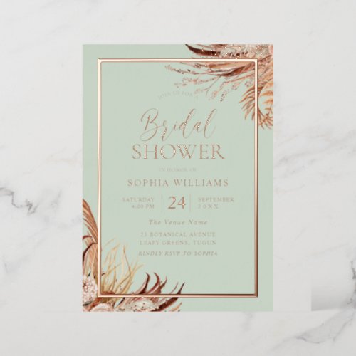 Sage Green Boho Chic Bridal Shower Real Rose Gold Foil Invitation