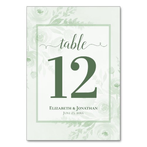 Sage Green Boho Chic Floral Elegant Wedding Table Number