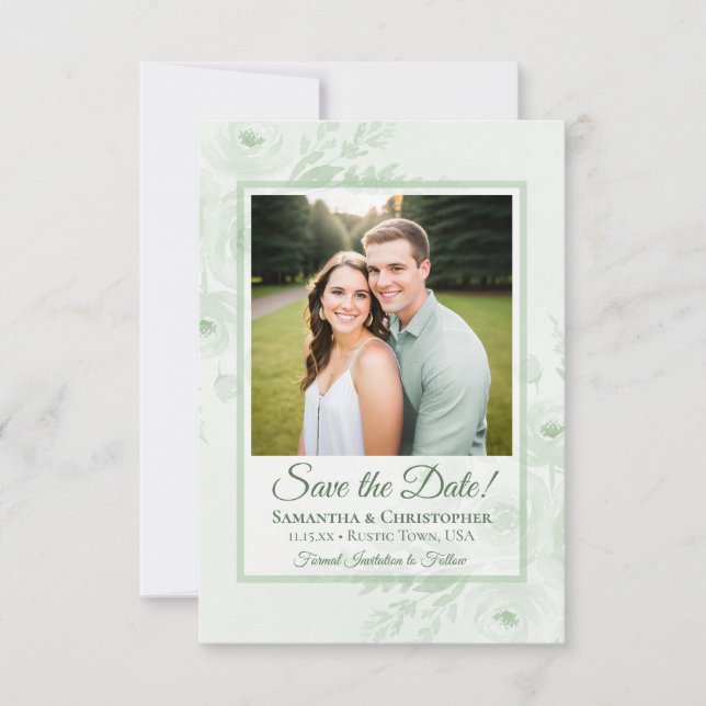 Sage Green Boho Chic Peonies & Photo Wedding Save The Date (Front)