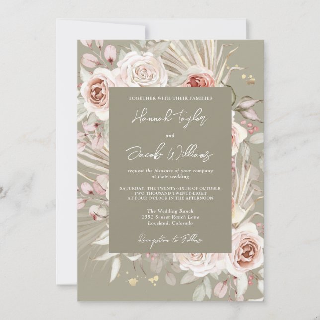 Sage Green Boho Chic Rustic Floral Wedding Invitation (Front)