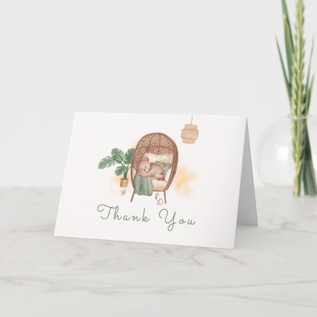 Sage Green Boho Cozy Teddy Bear Sleep Baby Shower  Thank You Card (Front)