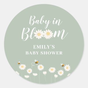 Sage Green Boho Daisy Floral Baby In Bloom Shower Classic Round Sticker