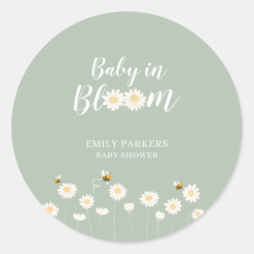 Sage Green Boho Daisy Floral Baby In Bloom Shower Classic Round Sticker