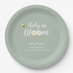 Sage Green Boho Daisy Floral Baby In Bloom Shower Paper Plates