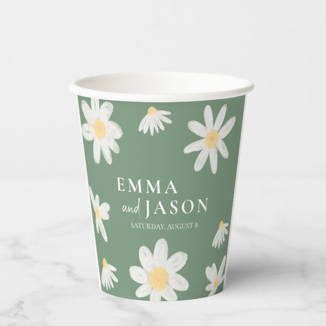 Sage Green Boho Daisy Floral Wedding Paper Cups (Front)