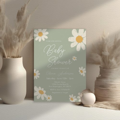 Sage Green Boho Daisy Flowers Baby Shower  Invitation