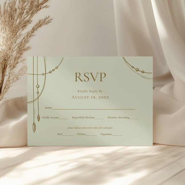 Sage Green Boho Draped Beaded Wedding RSVP Card (Creator Uploaded)