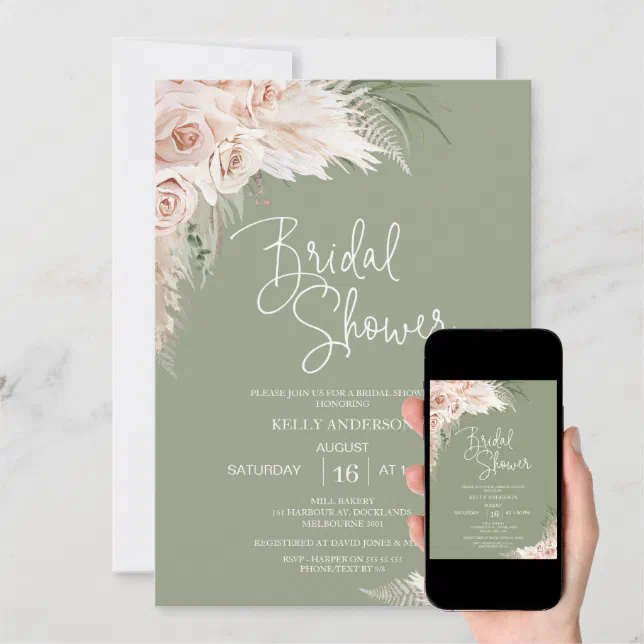 Sage Green Boho Floral Bridal Shower Invitation | Zazzle