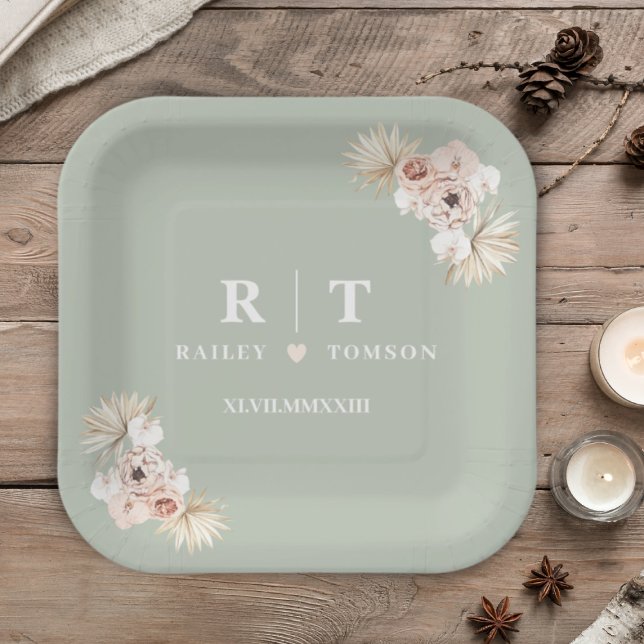 Sage Green Boho Floral Elegant Wedding Monogram Paper Plates (Creator Uploaded)