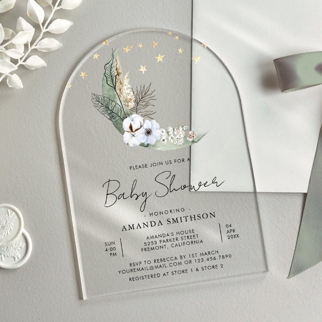 Sage Green Boho Floral Moon Arch Baby Shower Acrylic Invitations (Creator Uploaded)