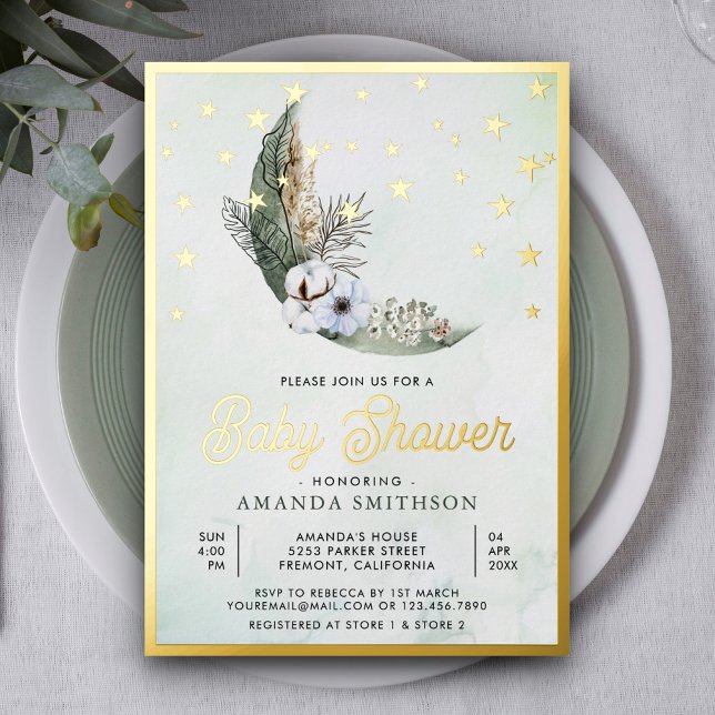 Sage Green Boho Floral Moon Stars Baby Shower Gold Foil Invitation (Creator Uploaded)