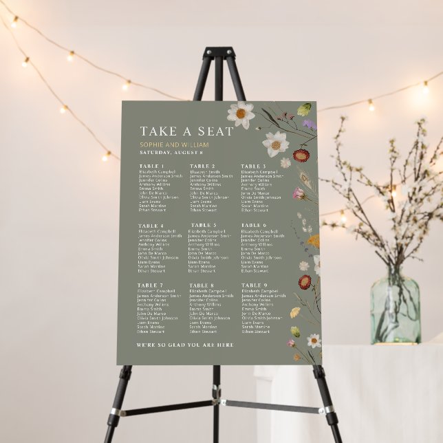 Sage Green Boho Floral Nine 9 Table Seating Chart  Foam Board (In Situ (Stand))