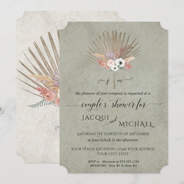Sage Green BOHO Floral Pampas Couples Shower Invitation (Front/Back)