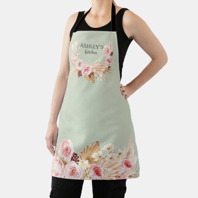 Sage green Boho Floral Pampas Grass personalized Apron (Insitu)