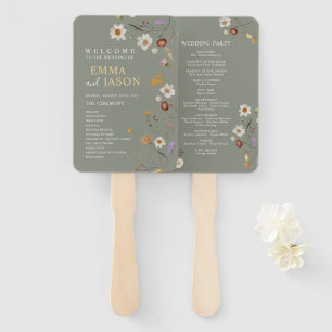 Sage Green Boho Floral Wedding Program Hand Fan
