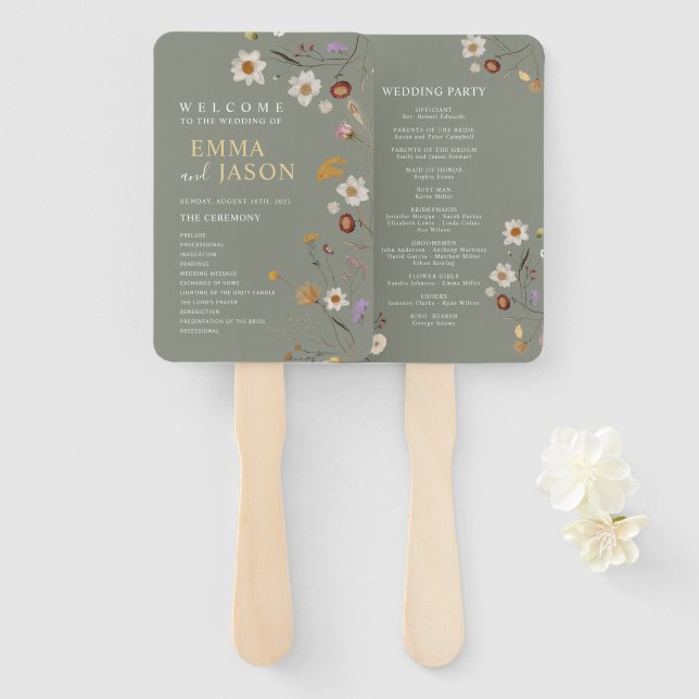Sage Green Boho Floral Wedding Program Hand Fan (Front and Back)