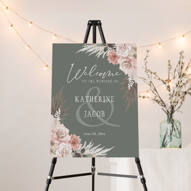 Sage Green Boho Floral Wedding Welcome Sign (In Situ (Stand))