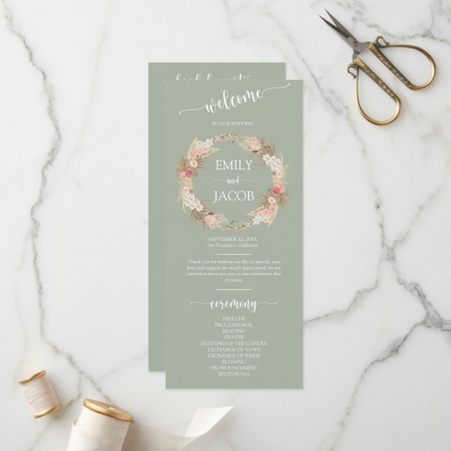 Sage Green Boho Floral Wreath Wedding Flat Program (Front/Back In Situ)