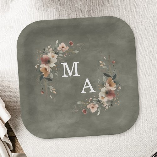 Sage Green Boho Floral Wreath Wedding Monogram Paper Plates