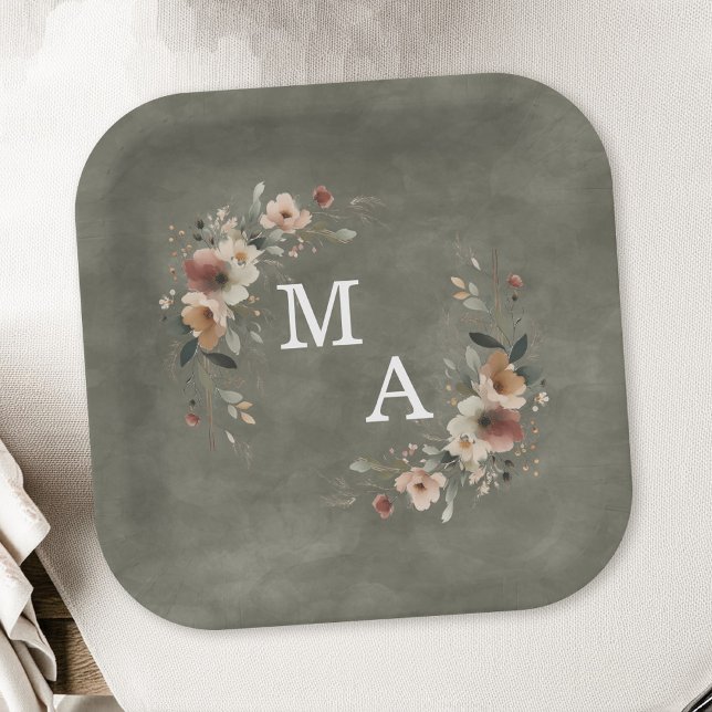 Sage Green Boho Floral Wreath Wedding Monogram Paper Plates (Decorate your celebration table in elegance with our monogrammed plates in 6 chic hues.)