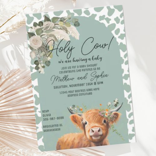 Sage Green Boho Holy Cow Baby Shower Invitation